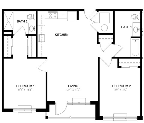 Floor plan for 2 beds, 2 baths, 915 sqft